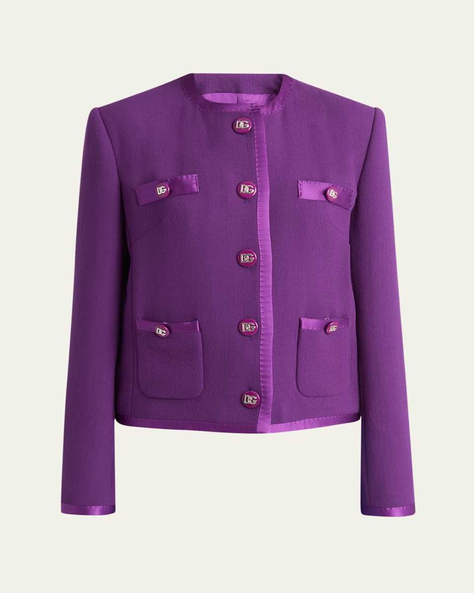 Satin-Trim Wool Crepe Collarless Jacket